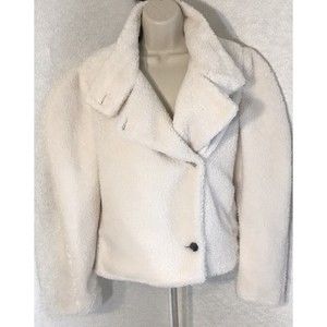 I.N.C. Pocketed Sherpa Button Up Lined Coat White Size Medium Cozy Faux Fur